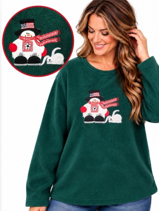 C.D. Sport Too Tops - C.D. Sport Too Vintage Green Fleece Snowman Mouse Holiday Pullover 1X